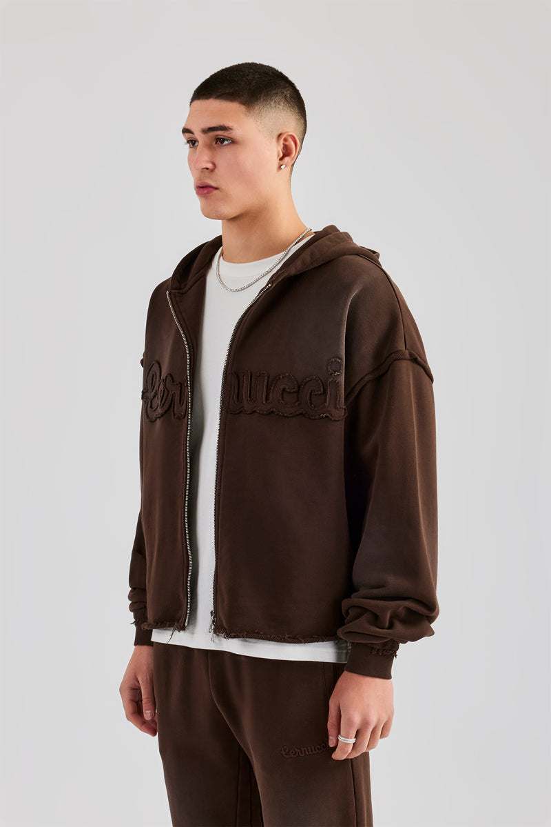 Washed Applique Zip Through Hoodie - Chocolate