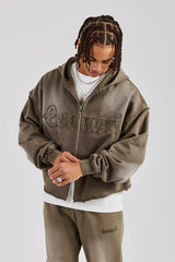 Washed Applique Zip Through Hoodie - Khaki