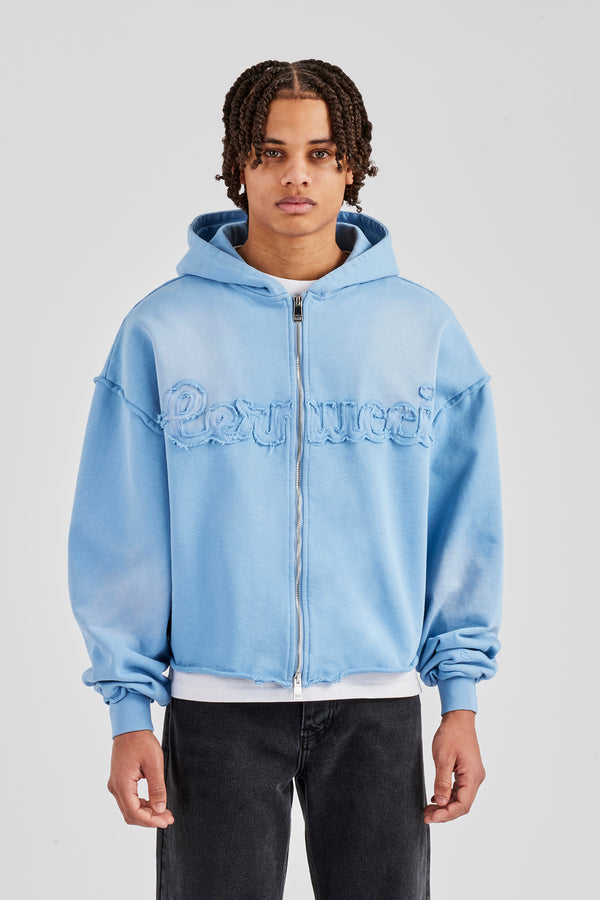 Washed Applique Zip Through Hoodie - Blue