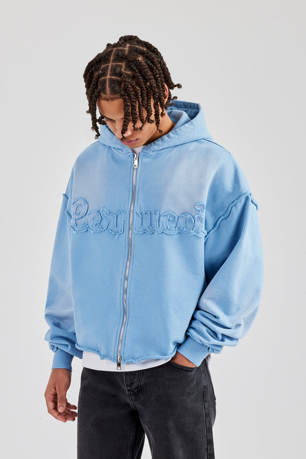 Washed Applique Zip Through Hoodie - Blue