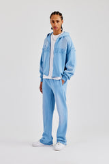 Washed Applique Zip Through Hoodie - Blue