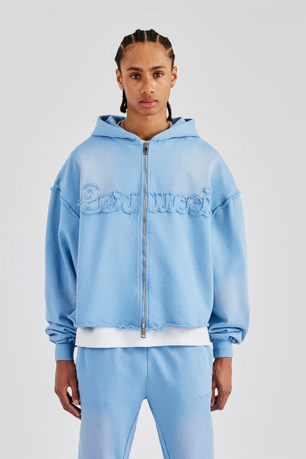 Washed Applique Zip Through Hoodie - Blue