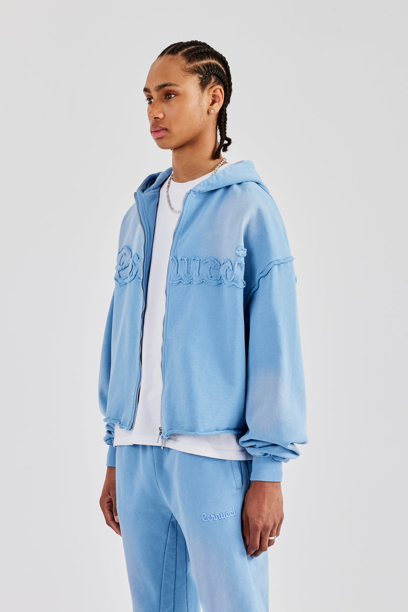 Washed Applique Zip Through Hoodie - Blue