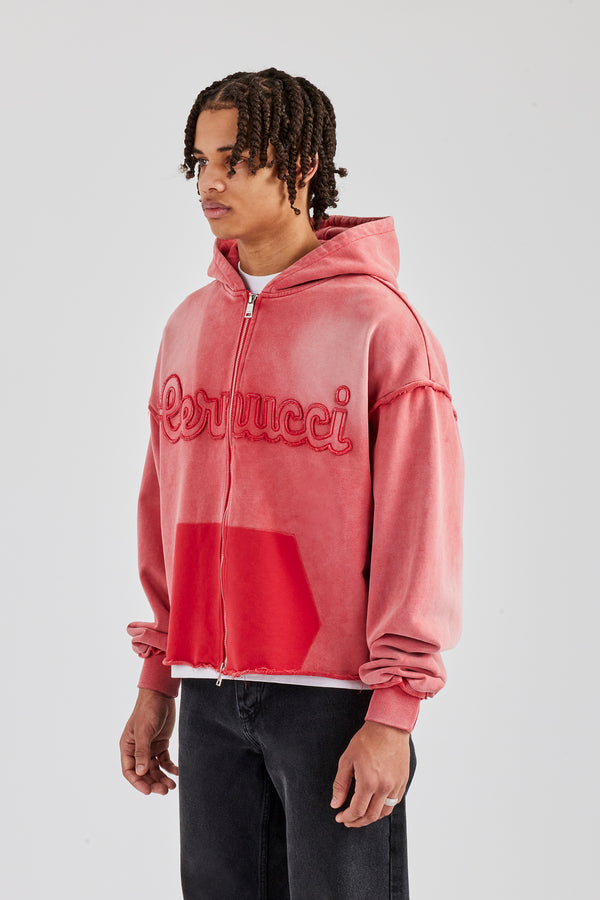 Washed Applique Zip Through Hoodie - Washed Red