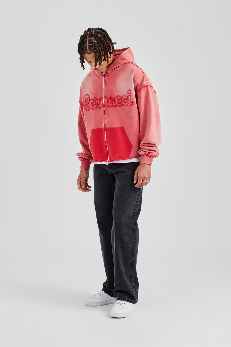 Washed Applique Zip Through Hoodie - Washed Red