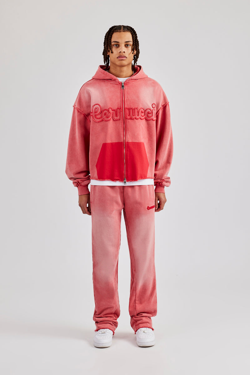 Washed Applique Zip Through Hooded Tracksuit - Washed Red