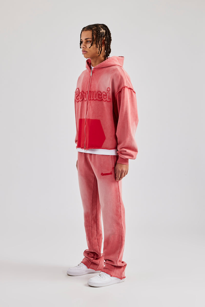 Washed Applique Zip Through Hooded Tracksuit - Washed Red