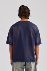 Washed Boxy Distressed T-Shirt - Navy Blue