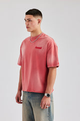 Washed Boxy Distressed T-Shirt - Red