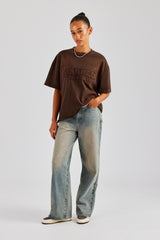 Washed Embroidered Body T-Shirt - Brown