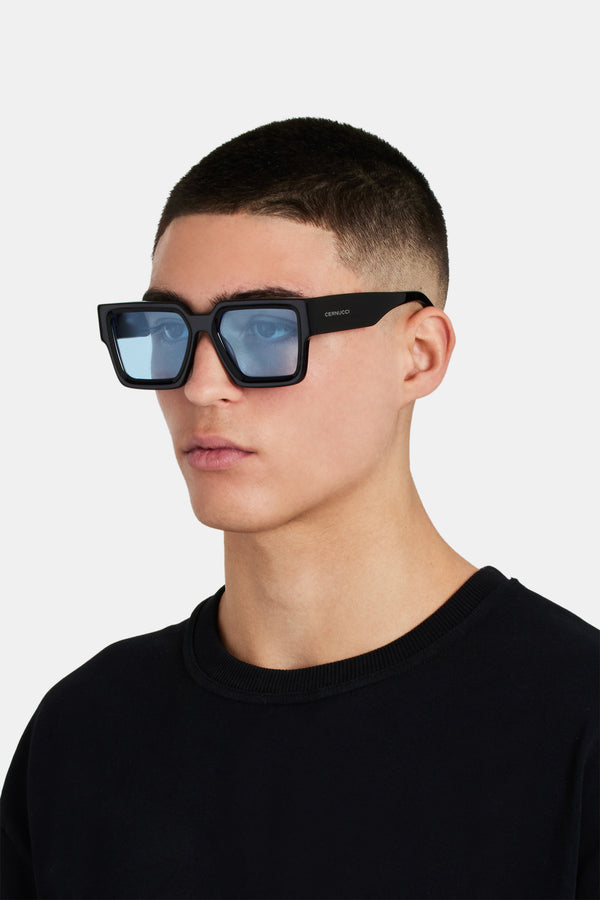 Oversized Thick Frame Blue Acetate Sunglasses - Black