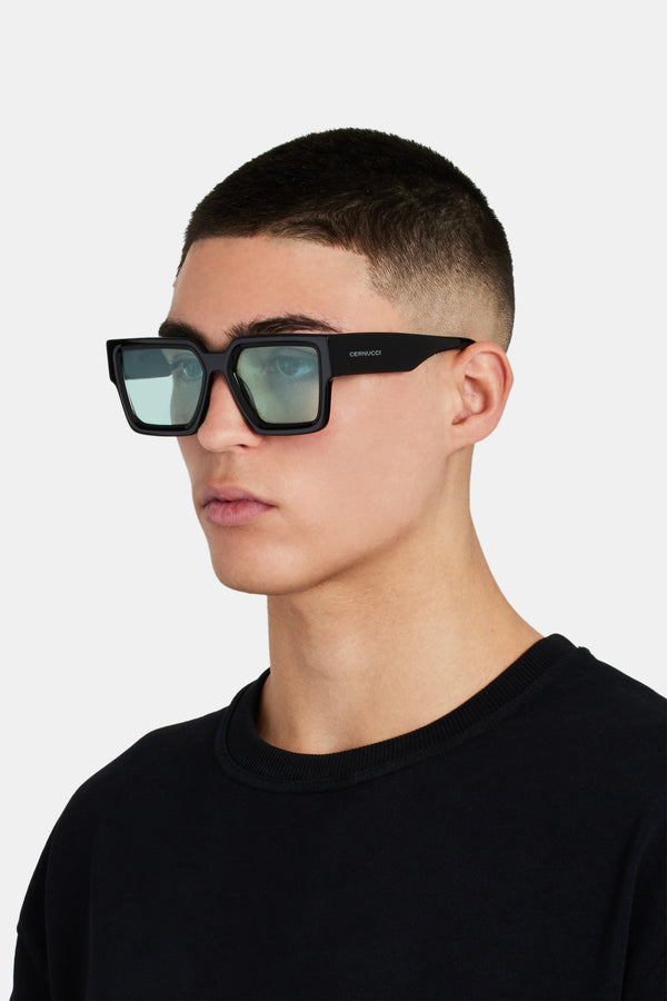 Oversized Thick Frame Green Acetate Sunglasses - Black