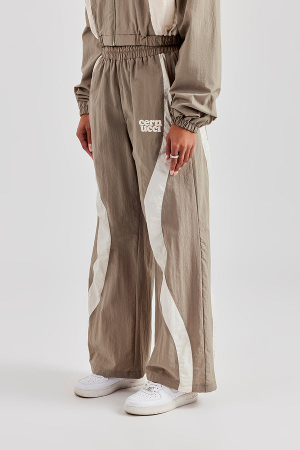 Contrast Panel Nylon  Wide Leg Trouser - Khaki