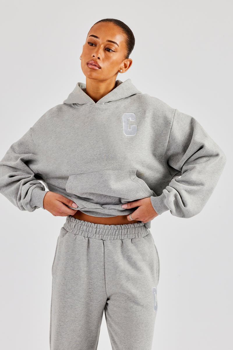 Embroidered C Boxy Hoodie - Grey Marl