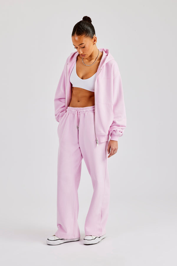 Oversized Zip Through Hoodie & Embroidered Wide Leg Jogger - Pink