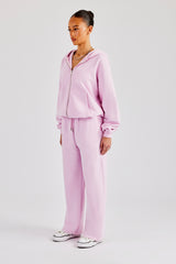 Oversized Zip Through Hoodie & Embroidered Wide Leg Jogger - Pink