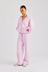 Oversized Zip Through Hoodie & Embroidered Wide Leg Jogger - Pink