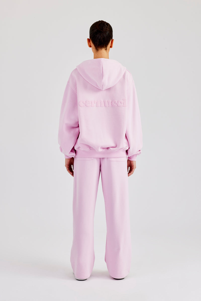 Oversized Zip Through Hoodie & Embroidered Wide Leg Jogger - Pink