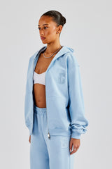 Embroidered C Zip Through Hoodie - Baby Blue