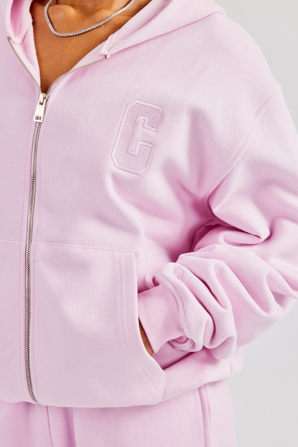 Embroidered C Zip Through Hoodie - Pink