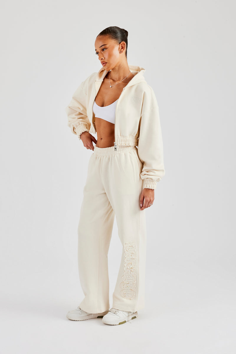 Distressed Applique Cropped Tracksuit - Butter Yellow