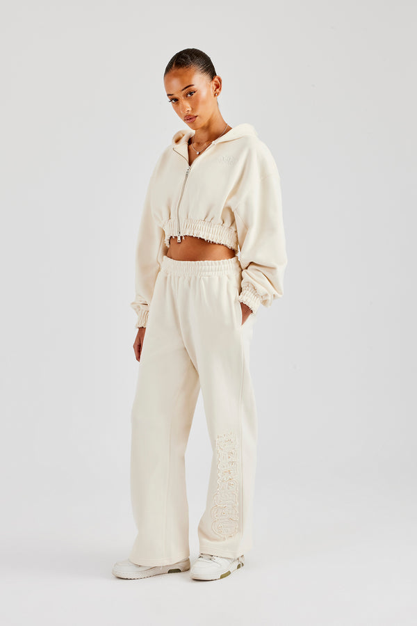 Distressed Applique Cropped Tracksuit - Butter Yellow