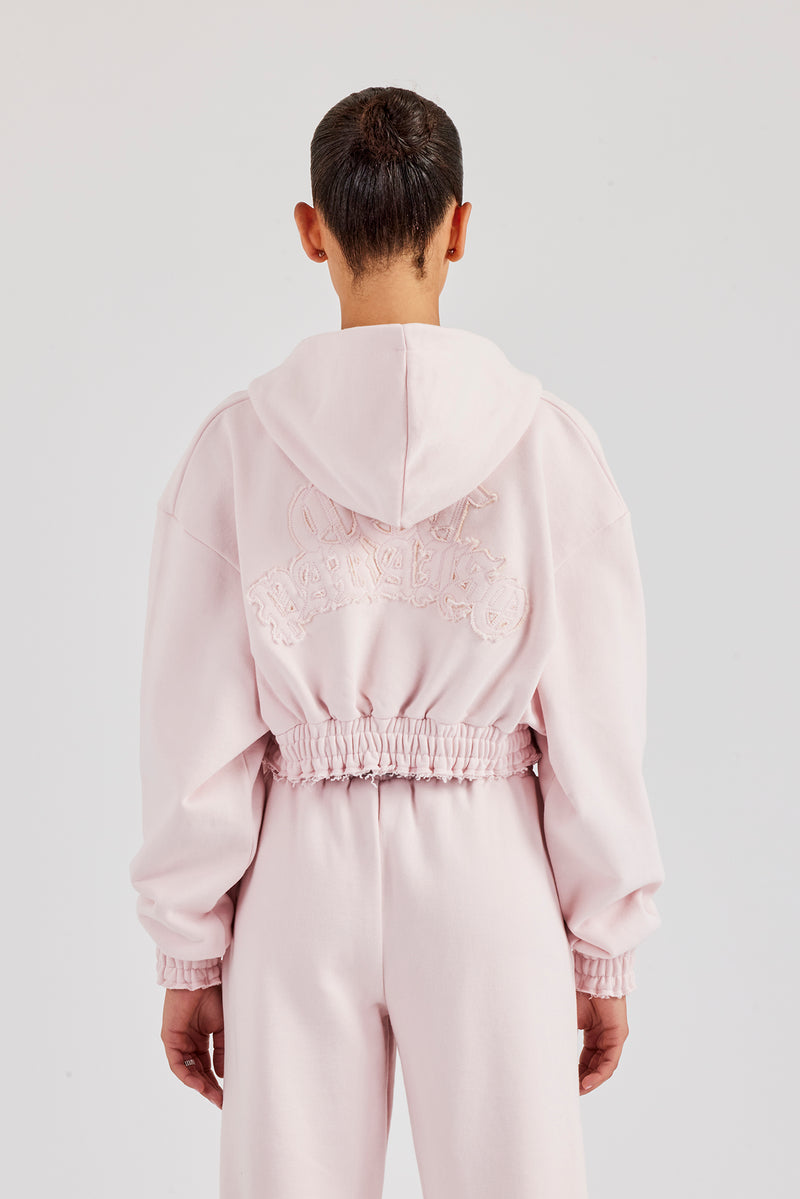 Distressed Applique Cropped Hoodie - Baby Pink