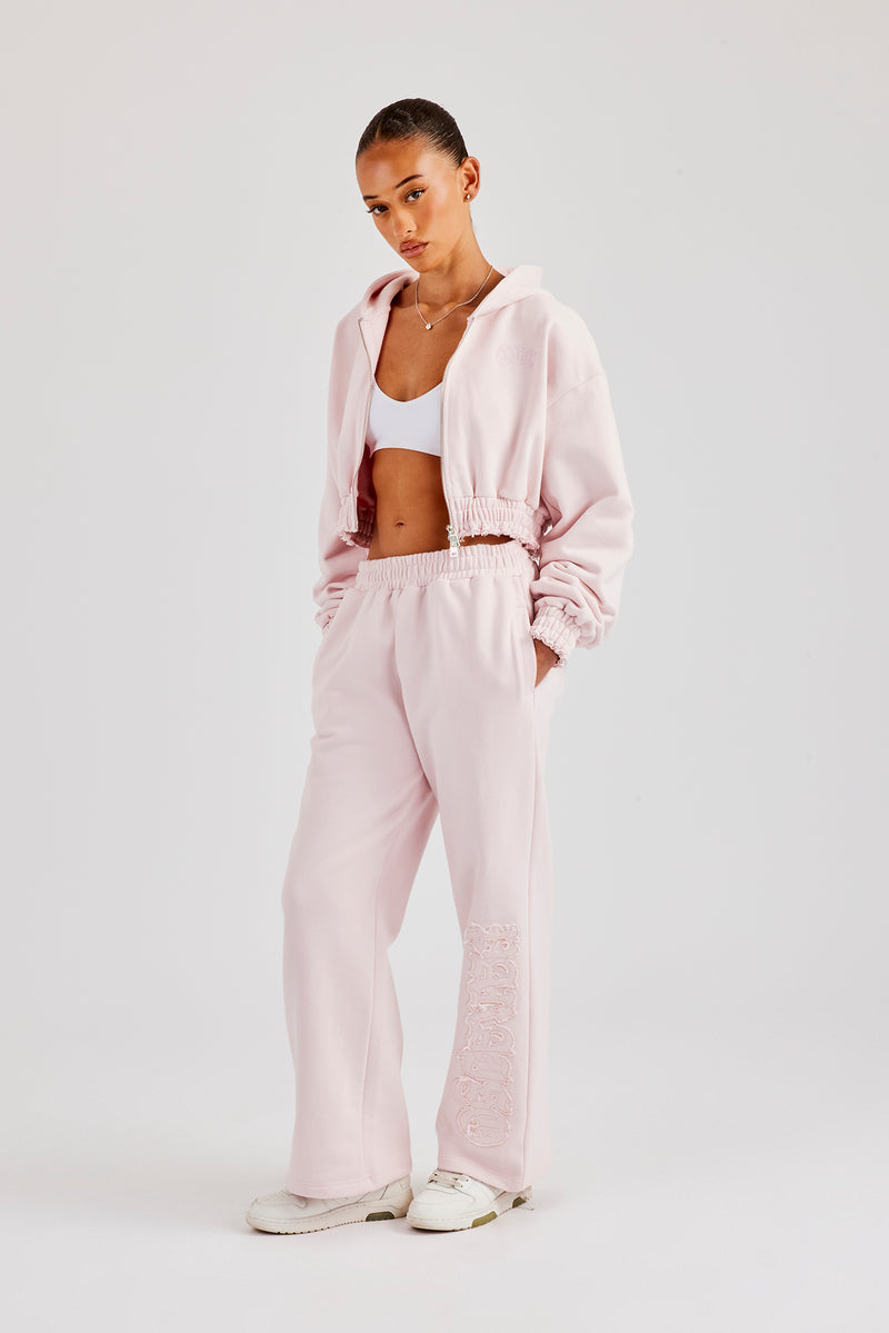 Distressed Applique Cropped Tracksuit - Baby Pink