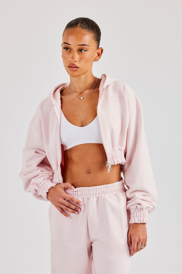 Distressed Applique Cropped Hoodie - Baby Pink