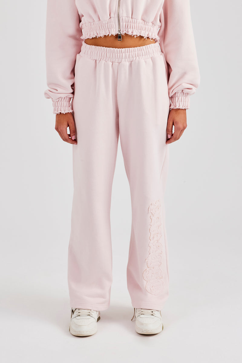 Distressed Applique Wide Leg Jogger - Baby Pink