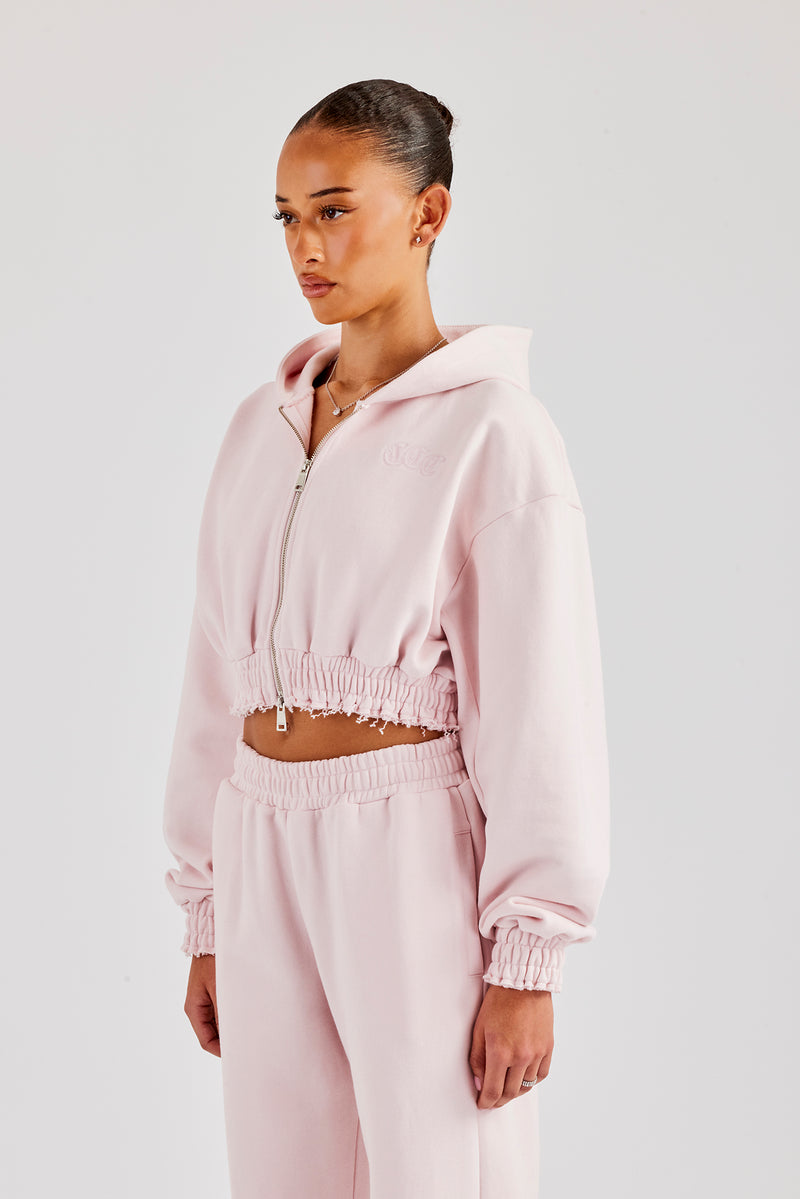 Distressed Applique Cropped Hoodie - Baby Pink