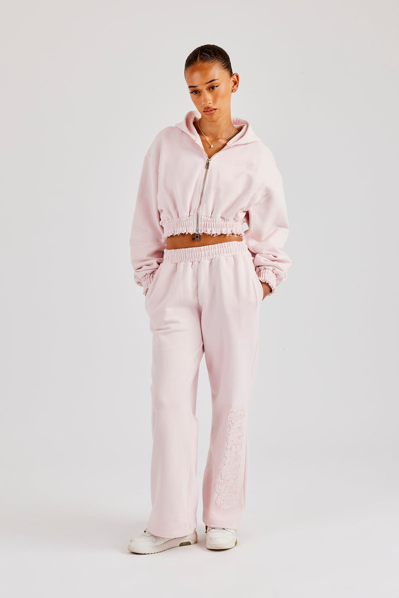 Distressed Applique Cropped Hoodie - Baby Pink