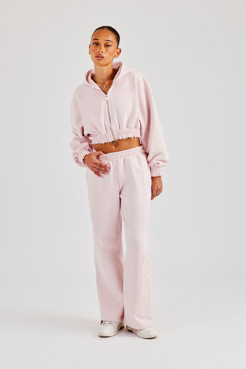 Distressed Applique Cropped Tracksuit - Baby Pink