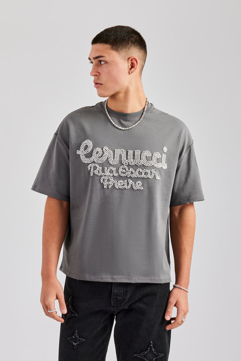 Oversized Boxy Washed Pearl Detail T-Shirt - Charcoal