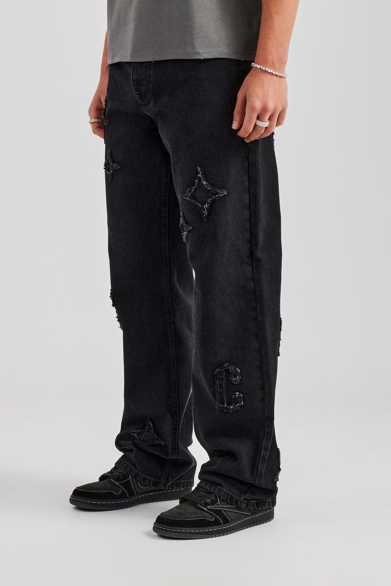 Mens Relaxed Fit Applique Denim Jean - Washed Black