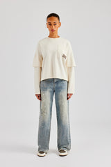 Layered Long Sleeve Glitter Applique T-Shirt - Off White