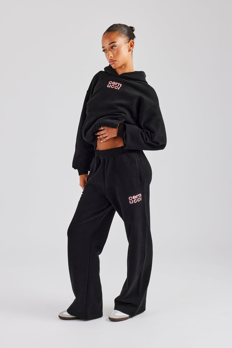 Glitter Applique Wide Leg Jogger - Black