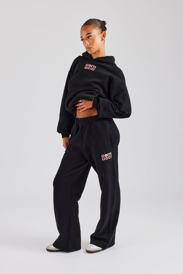 Glitter Applique Oversized Hoodie Tracksuit - Black