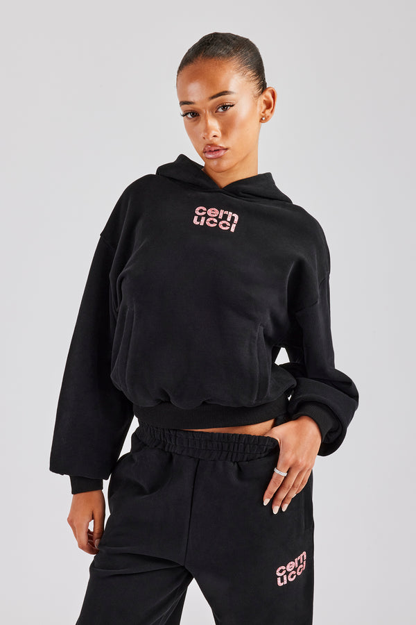 Glitter Applique Oversized Hoodie - Black