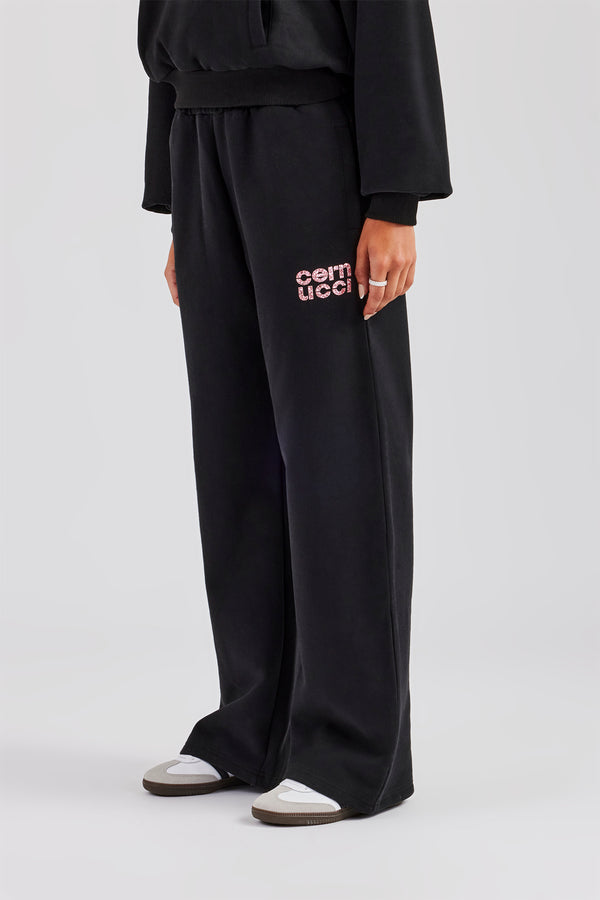 Glitter Applique Wide Leg Jogger - Black