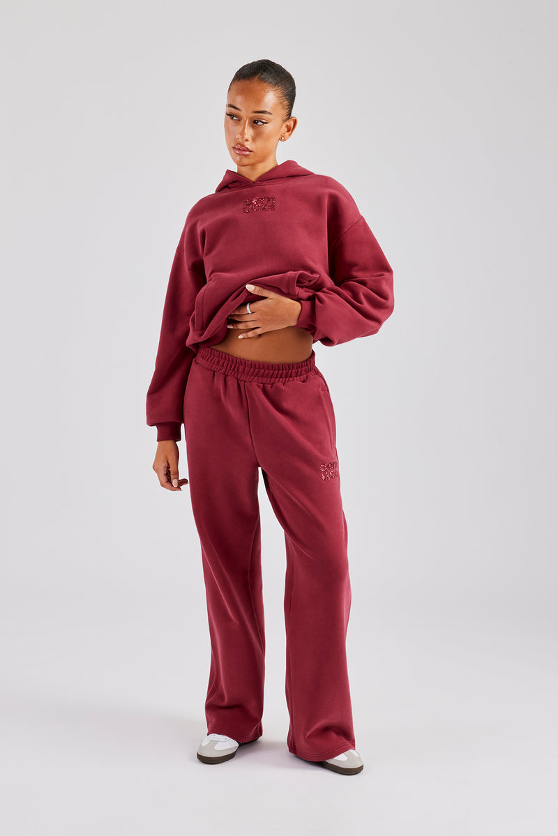 Glitter Applique Oversized Hoodie Tracksuit - Cherry Red