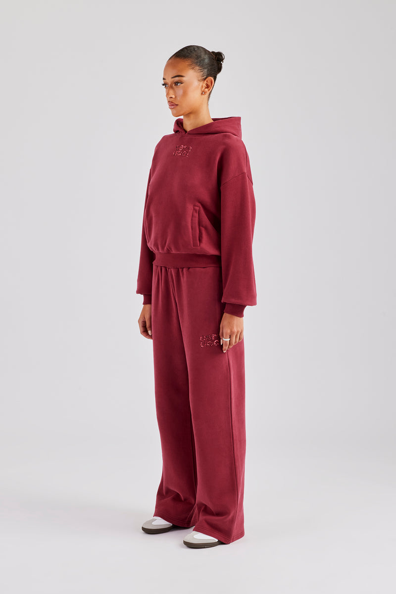 Glitter Applique Oversized Hoodie Tracksuit - Cherry Red