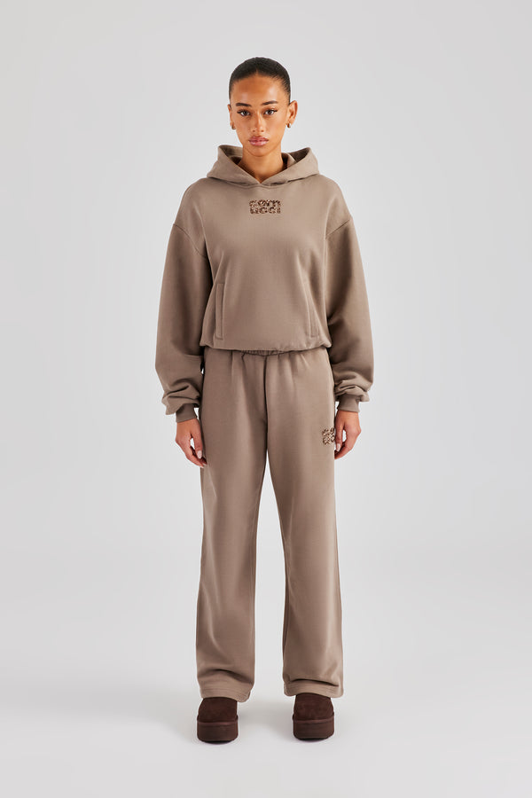 Glitter Applique Boxy Hooded Tracksuit  - Taupe