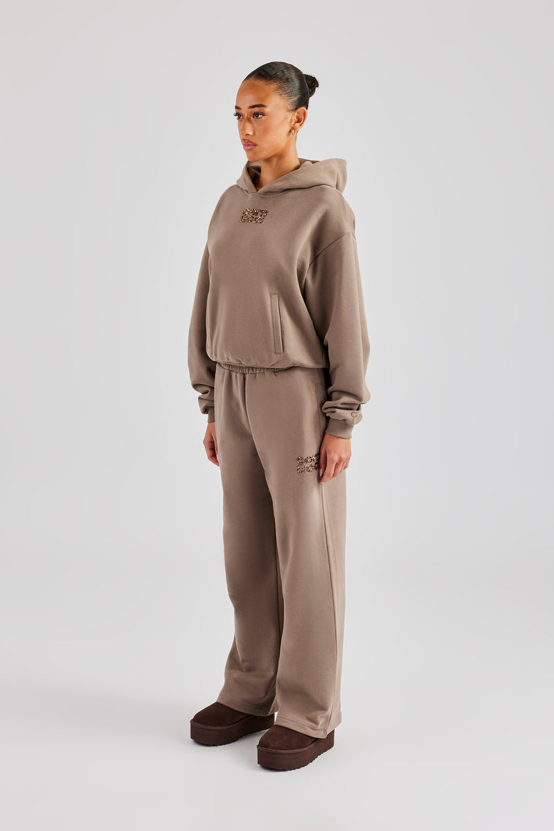 Glitter Applique Boxy Hooded Tracksuit  - Taupe