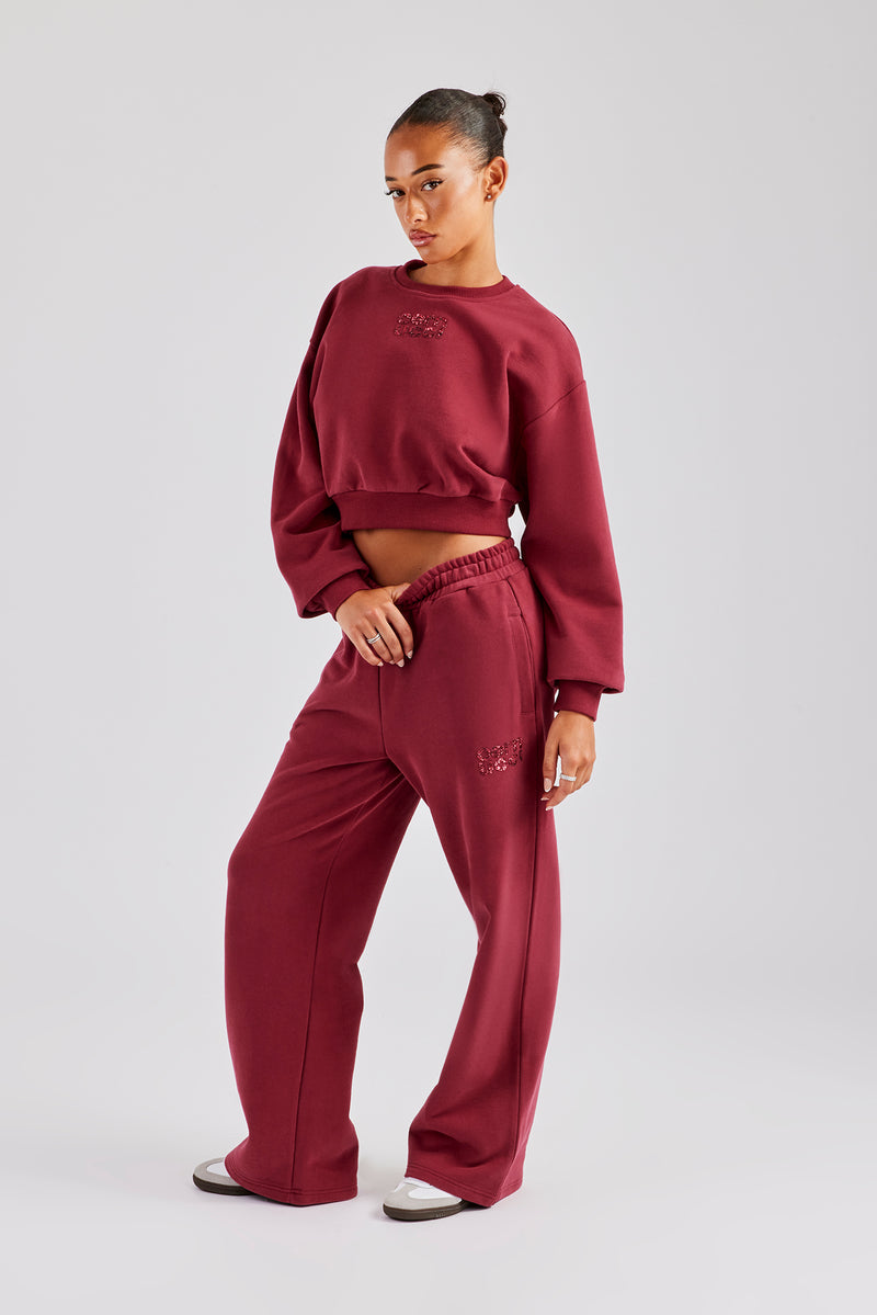 Glitter Applique Wide Leg Jogger - Cherry Red