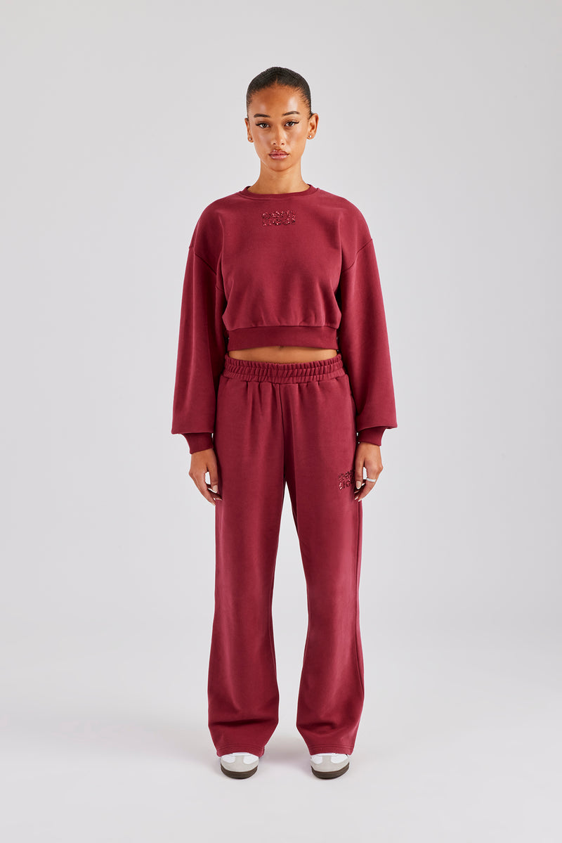 Glitter Applique Cropped Sweatshirt Tracksuit - Cherry Red