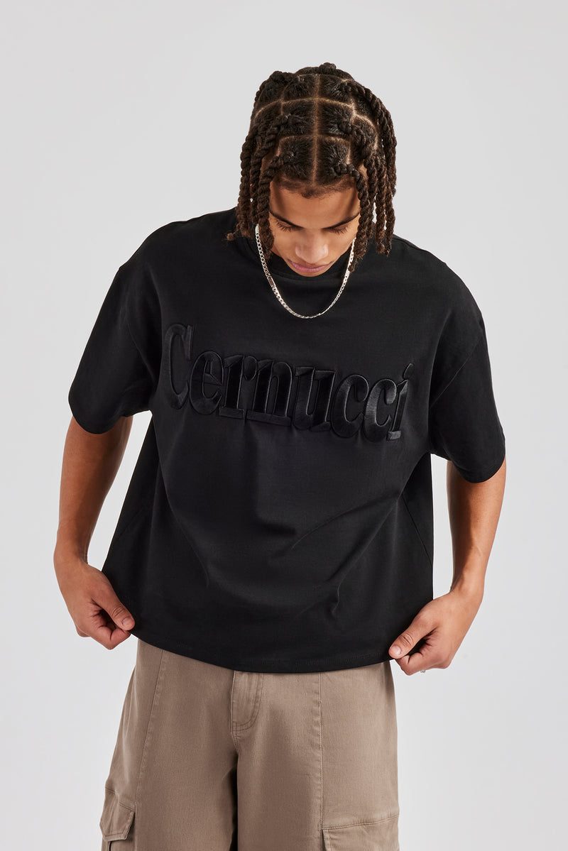 Washed Embroidered Boxy T-Shirt - Black