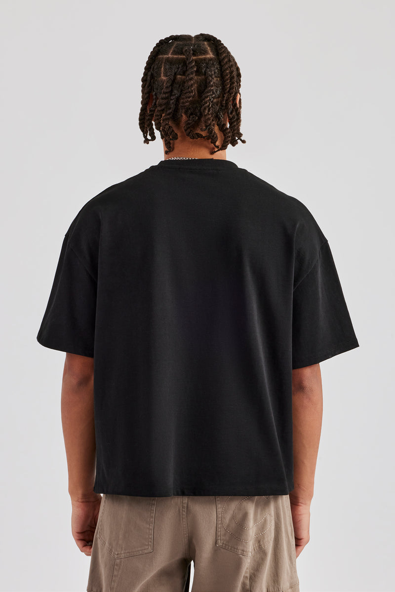 Washed Embroidered Boxy T-Shirt - Black