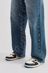 Baggy Fit Laser Print Jeans - Mid Blue