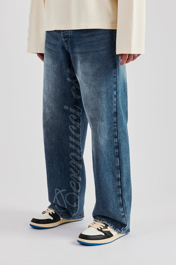 Baggy Fit Laser Print Jeans - Mid Blue